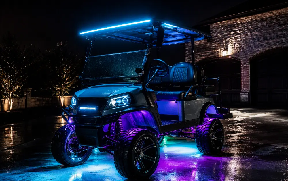 Golf cart with blue and purple underglow lighting at night